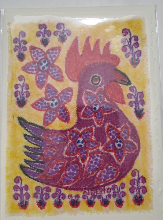 <h1>Original Fiber Art Card of "&nbsp;<br>Rooster"<br></h1> <h1>Five&nbsp; flowers</h1> <h2>Artist: Alberto Alcantara</h2> <p>Original mini art on fiber</p> <p>Peruvian Folk Art Original</p> <p>Comes in a greeting card format Art Card of a Rooster<br></p> <p>Five Flowers</p> <p>Can be framed as mini art to enjoy on your walls or desk</p> <p>Natural fiber</p> <p>Fiber Original</p> <p>Paper / Cotton</p> <p>Envelope is included</p>