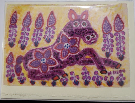 <h1>Original Fiber Art Card of &nbsp; &nbsp; &nbsp; &nbsp;&nbsp; <br>" Sitting Pony "<br></h1> <h1>Two&nbsp; flowers</h1> <h2>Artist: Alberto Alcantara</h2> <p>Original mini art on fiber</p> <p>Peruvian Folk Art Original</p> <p>Comes in a greeting card format Art Card of a reclining Horse<br></p> <p>Two Flowers</p> <p>Can be framed as mini art to enjoy on your walls or desk</p> <p>Natural fiber</p> <p>Fiber Original</p> <p>Paper / Cotton</p> <p>Envelope is included</p>