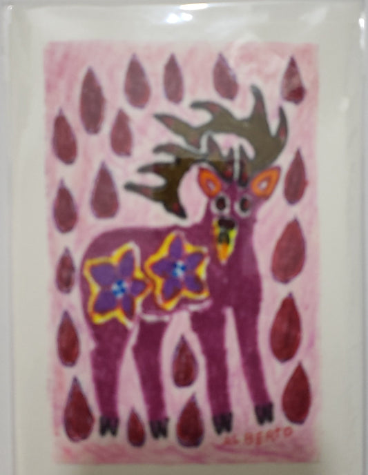 <h1>Original Fiber Art Card of &nbsp; &nbsp; &nbsp; &nbsp;&nbsp; <br>" Standing Elk "<br></h1> <h1>Two&nbsp; flowers</h1> <h2>Artist: Alberto Alcantara</h2> <p>Original mini art on fiber</p> <p>Peruvian Folk Art Original</p> <p>Comes in a greeting card format Art Card of a standing Elk<br></p> <p>Two Flowers</p> <p>Large raindrops</p> <p>Can be framed as mini art to enjoy on your walls or desk</p> <p>Natural fiber</p> <p>Fiber Original</p> <p>Paper / Cotton</p> <p>Envelope is included</p>