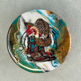 leopard print cowgirl hat with cowgirl boots, flowers, and barbed wire decal on an olive wood salt cellar with teal, while and gold resin lid. 24K gold accent
