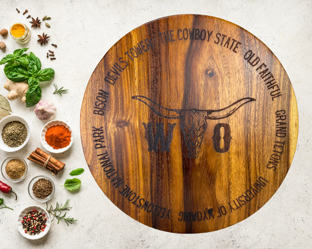 " WYO Steer Head " Laser Engraved Round Charcuterie Board