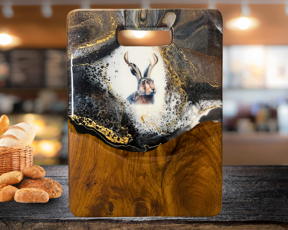 " Jackalope Head " Teak Cheese Board with 24 K Gold