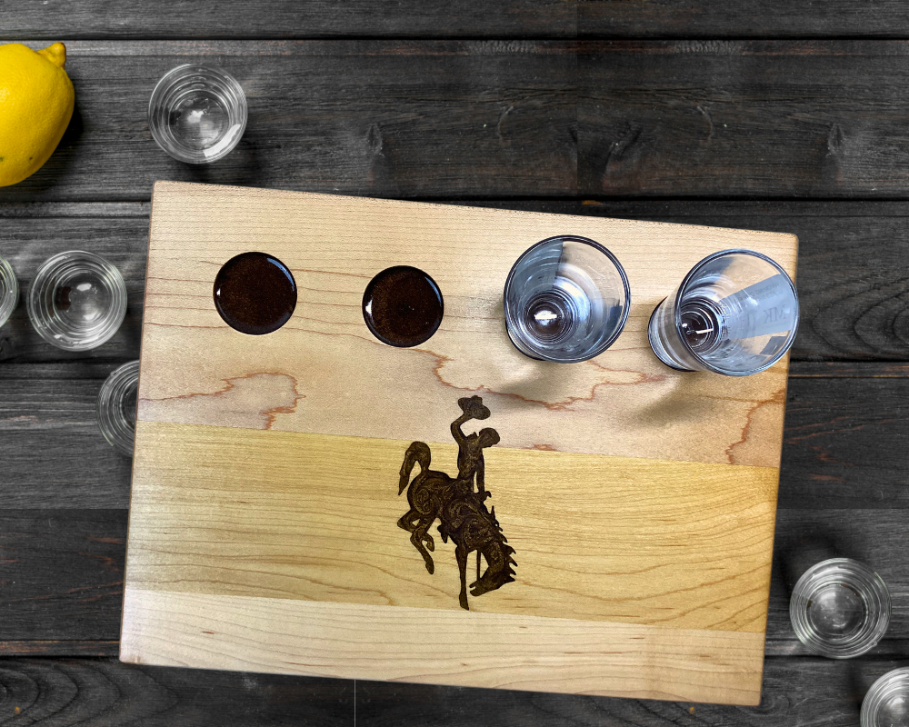 Wyoming Cowboy Shot Glass Flight Board – Maple Wood with Resin Logo