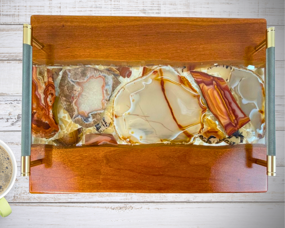 Unique Wood and Agate Resin Serving Tray with Handles