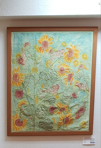 " Gathering of Finches " Framed Hand Stitched Fiber Art