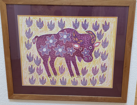 " Purple Buffalo "  Framed Peruvian Style Fiber Art