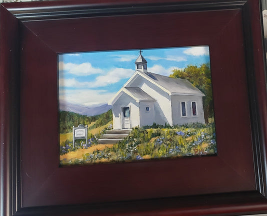 " Virginia Dale Church Summertime" Original Oil Painting Artist: Renee Laegreid  This quaint little historical church is found south of Laramie on highway 287  Original Oil Painting  Linen on board  Historical image of Virginia Dale Church  7.5" long x 5.5" high painting  13" long x 11" high x 1.5" wide as framed  Framed in a dark red / brown wood frame  D-ring and wire on the back for hanging