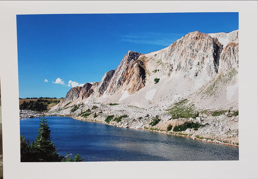 Lookout Lake Snowy Range Mountains WY Card Artist: Susan Davis Photographer Printed with Pigment Ink on matte paper  7' x 5"  Horizontal  View  An early morning view of   Lookout Lake in the Snowy Range Mountain  45 miles west of Laramie, Wyoming  Highlighting four peaks:  Schoolhouse Rock  The Diamond  Pillar Buttress  Sundial Slab