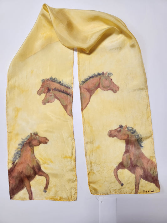 Yellow background with bay horses