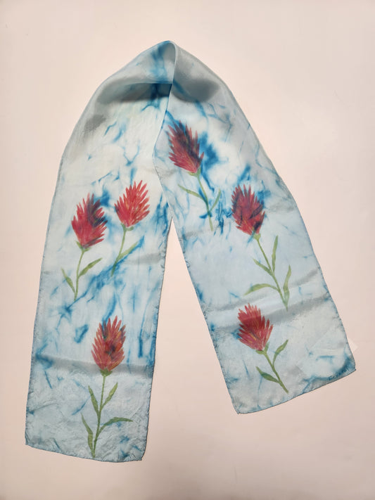 " Indian Paintbrush " Hand Dyed Blue Silk Scarf