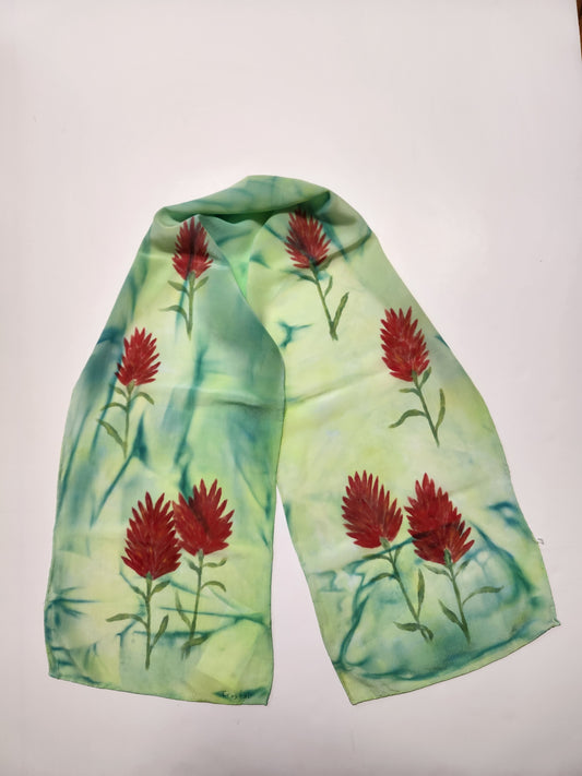 " Indian Paintbrush " Hand Dyed Green Silk Scarf