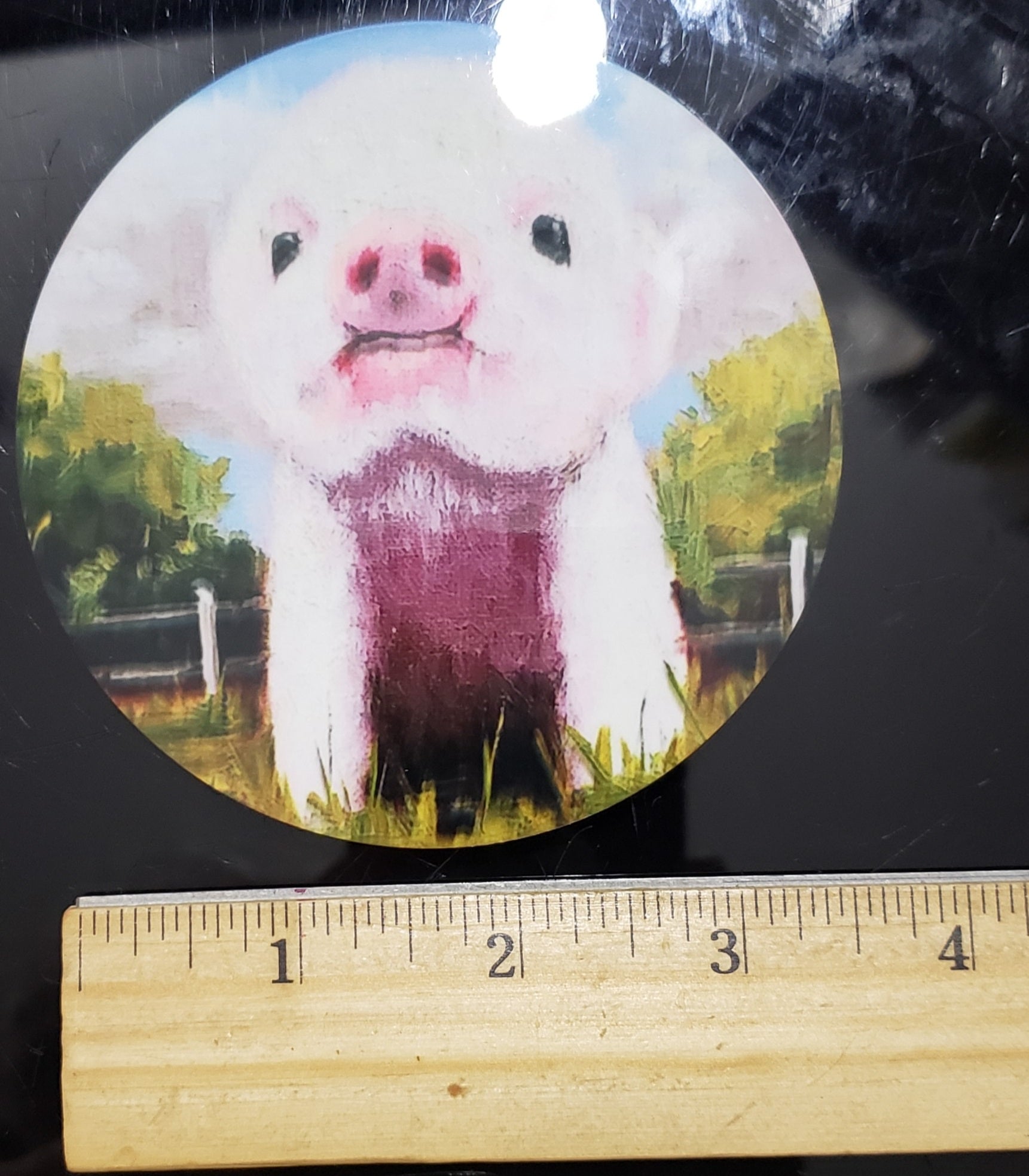 " Piggy " Round Coaster Oil Painting Artist: Moss Kent  Little pink piggy up close   Trees and fence in the background   3.75" across