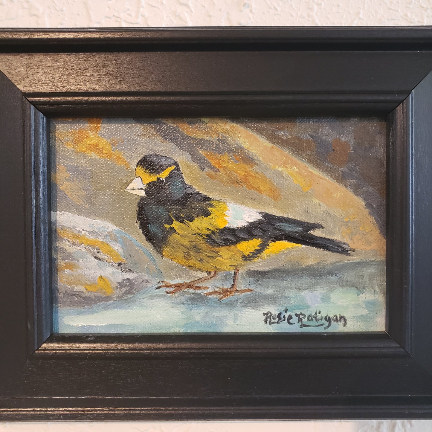 "Foraging" Evening Grosbeak Original Oil Painting
