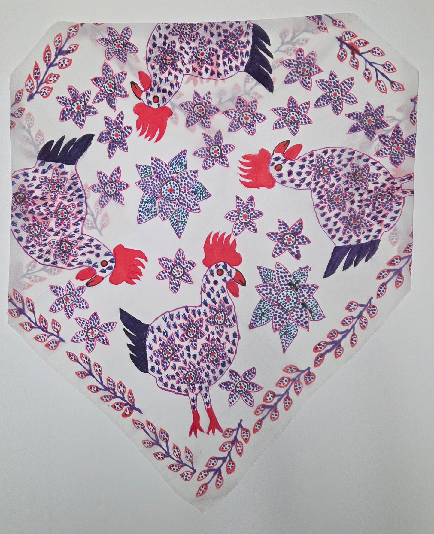 Lg Silk Scarf-Crepe De Chine- Blue Roosters