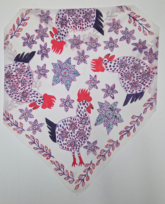 Lg Silk Scarf-Crepe De Chine- Blue Roosters