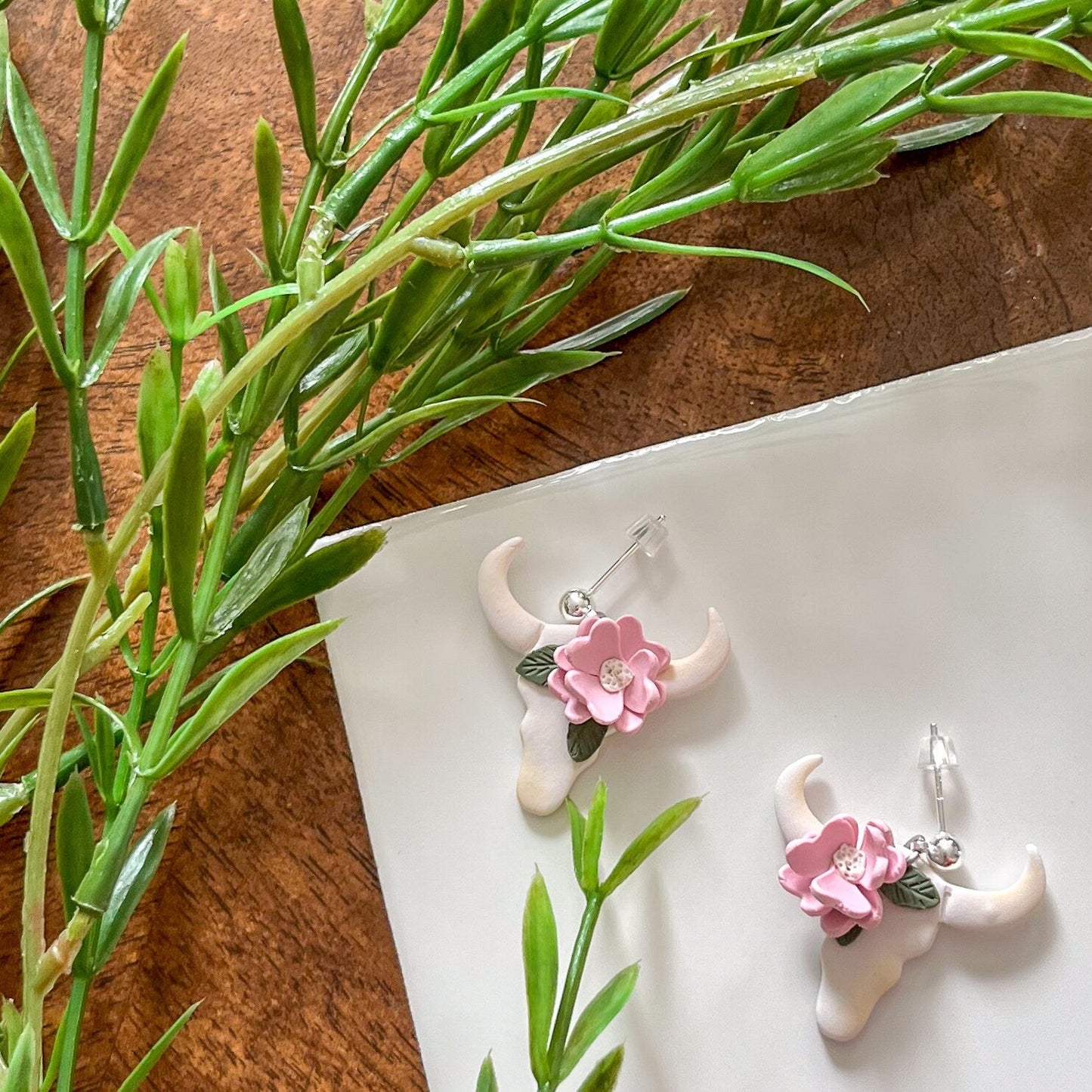 " Cow Skull and Pink Floral " Polymer Clay Earrings