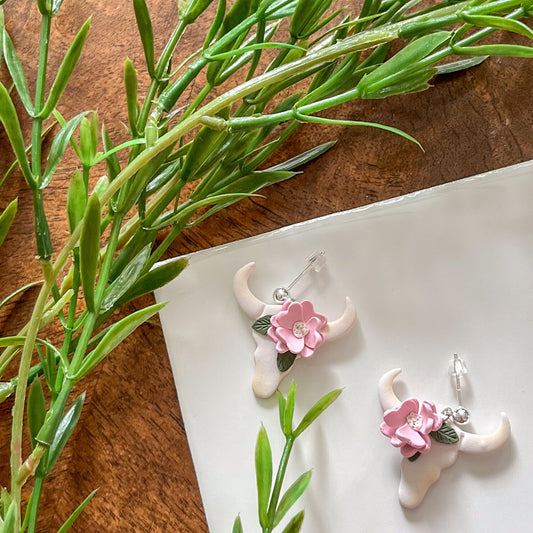 " Cow Skull and Pink Floral " Polymer Clay Earrings