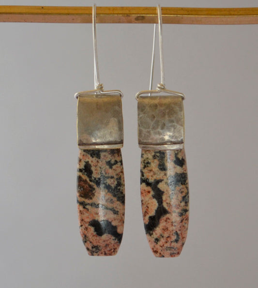 Earrings -Red Pink Snowflake Obsidian With Silver