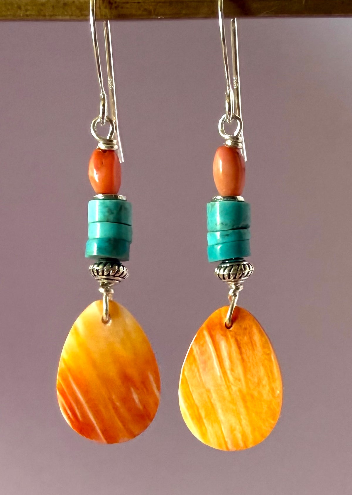 Earrings - Orange Spiny Oyster Oval with Turquoise