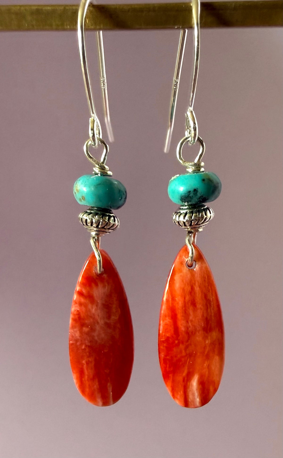 Earrings - Red Orange Spiny Oyster Oval with Turquoise