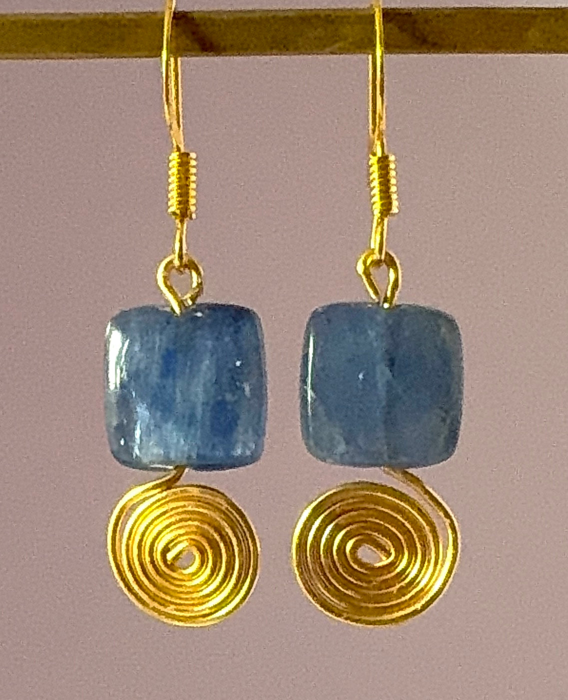 Earrings - Blue Kyanite Squares with Gold Spirals
