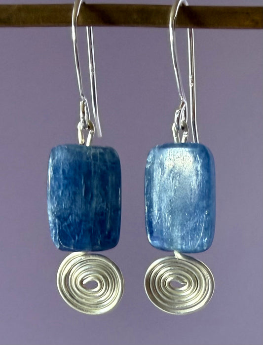 Earrings - Blue Kyanite Squares with Silver Spirals