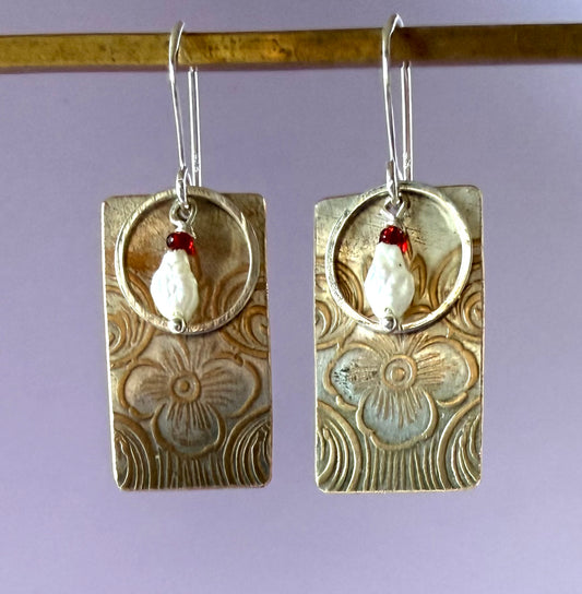 Earrings - Embossed Floral with Pearl and Ruby