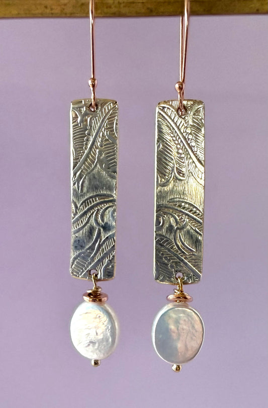 Earrings - Embossed Silver with Oval Pearls