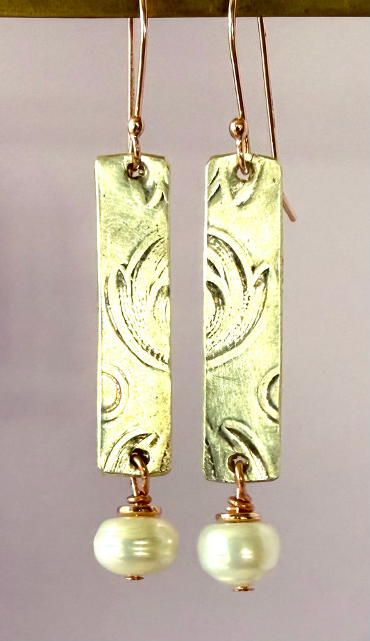 Earrings - Embossed Silver with Pillow Pearls