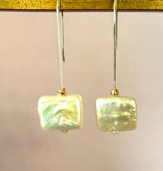 Earrings - Fresh Water Rectangle Pearls on Curved Wires