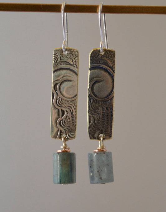 Earrings - Blue Kyanite With Embossed Silver Plates