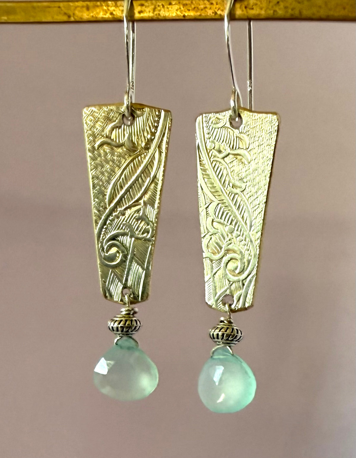 Earrings - Embossed Silver and Chalcedony Crystals