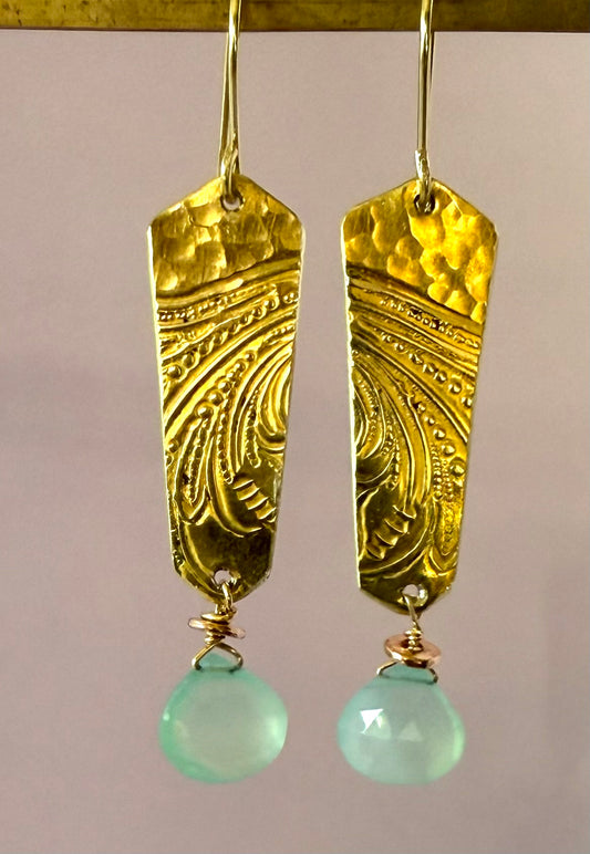 Earrings - Embossed Brass and Chalcedony Crystals