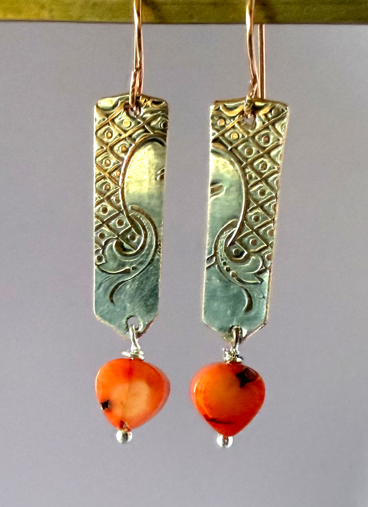 Earrings - Embossed Silver and Orang Red Coral Hearts