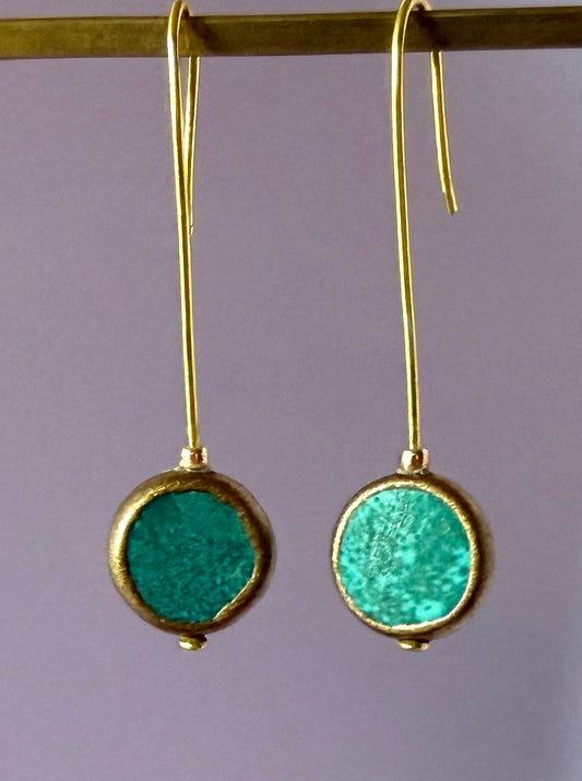 Earrings - Chinese Green Turquoise with Gold Edges