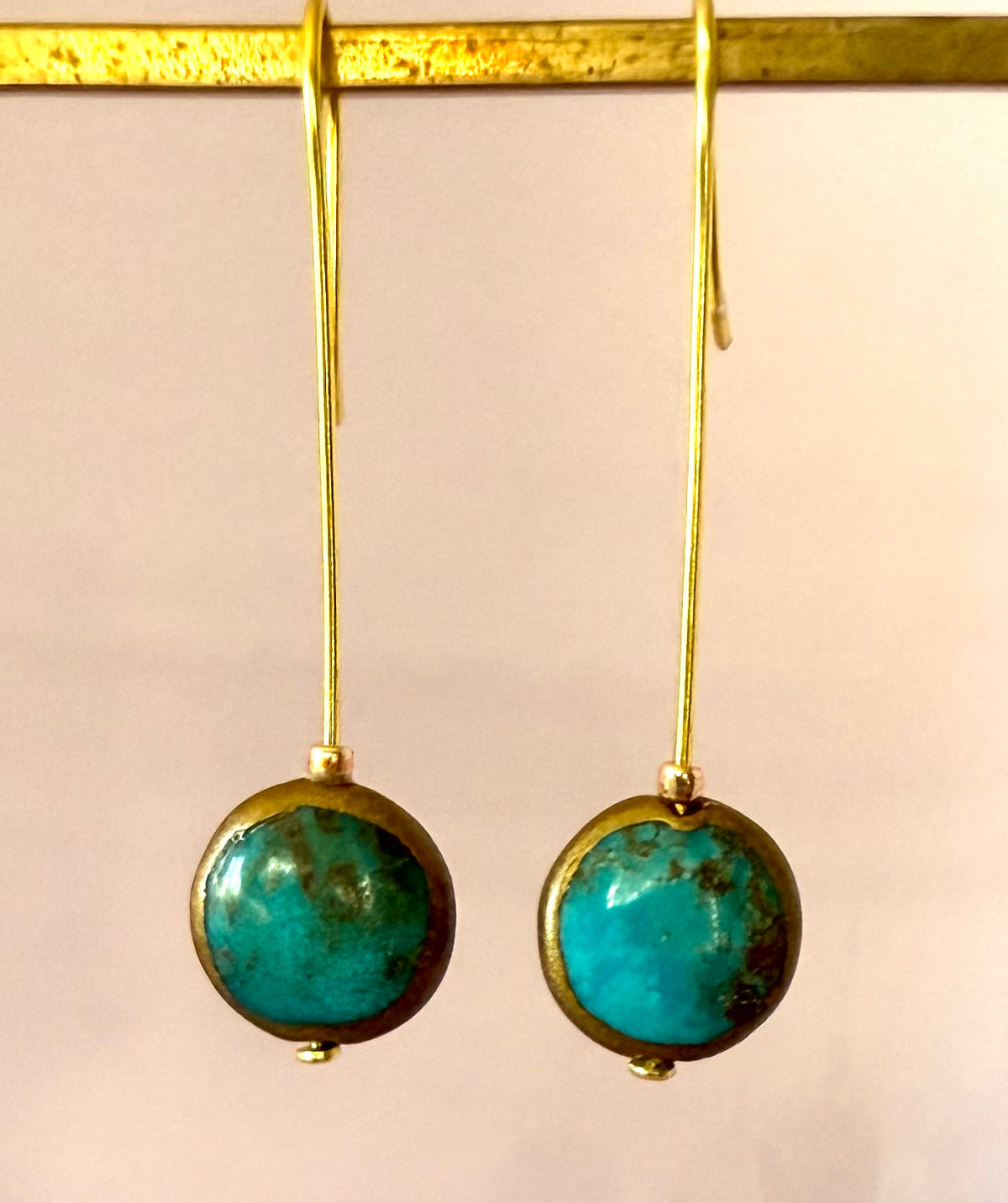Earrings - Chinese Green Turquoise Pillows with Gold Edges