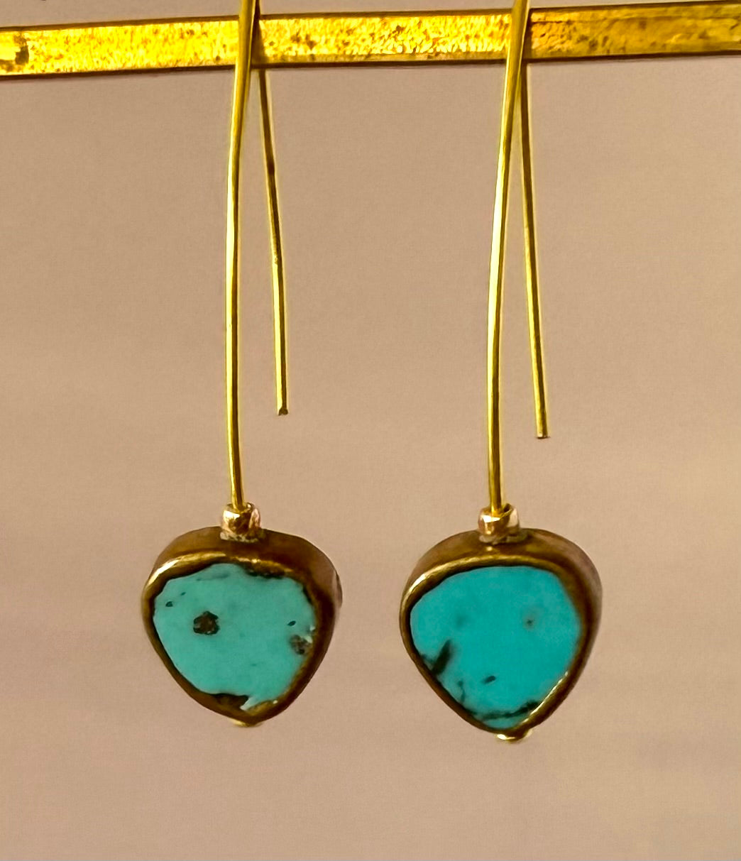 Earrings - Chinese Green Turquoise Triangles in Gold