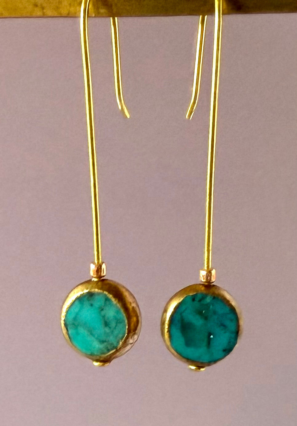 Earrings - Small Chinese Green Turquoise with Gold Edges