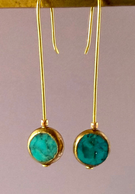 Earrings - Small Chinese Green Turquoise with Gold Edges