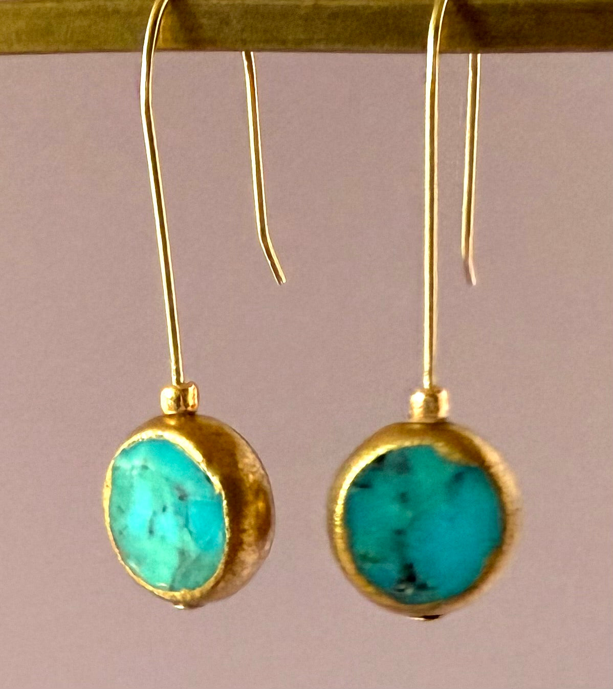 Earrings - Small Chinese Green Turquoise with Gold Edges
