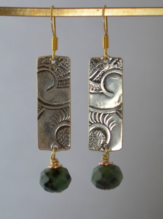 Earrings -Ruby Zoisite With Silver Embossed Plate
