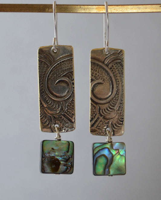 Earrings -Paua Abalone Shells With Embossed Silver Plates