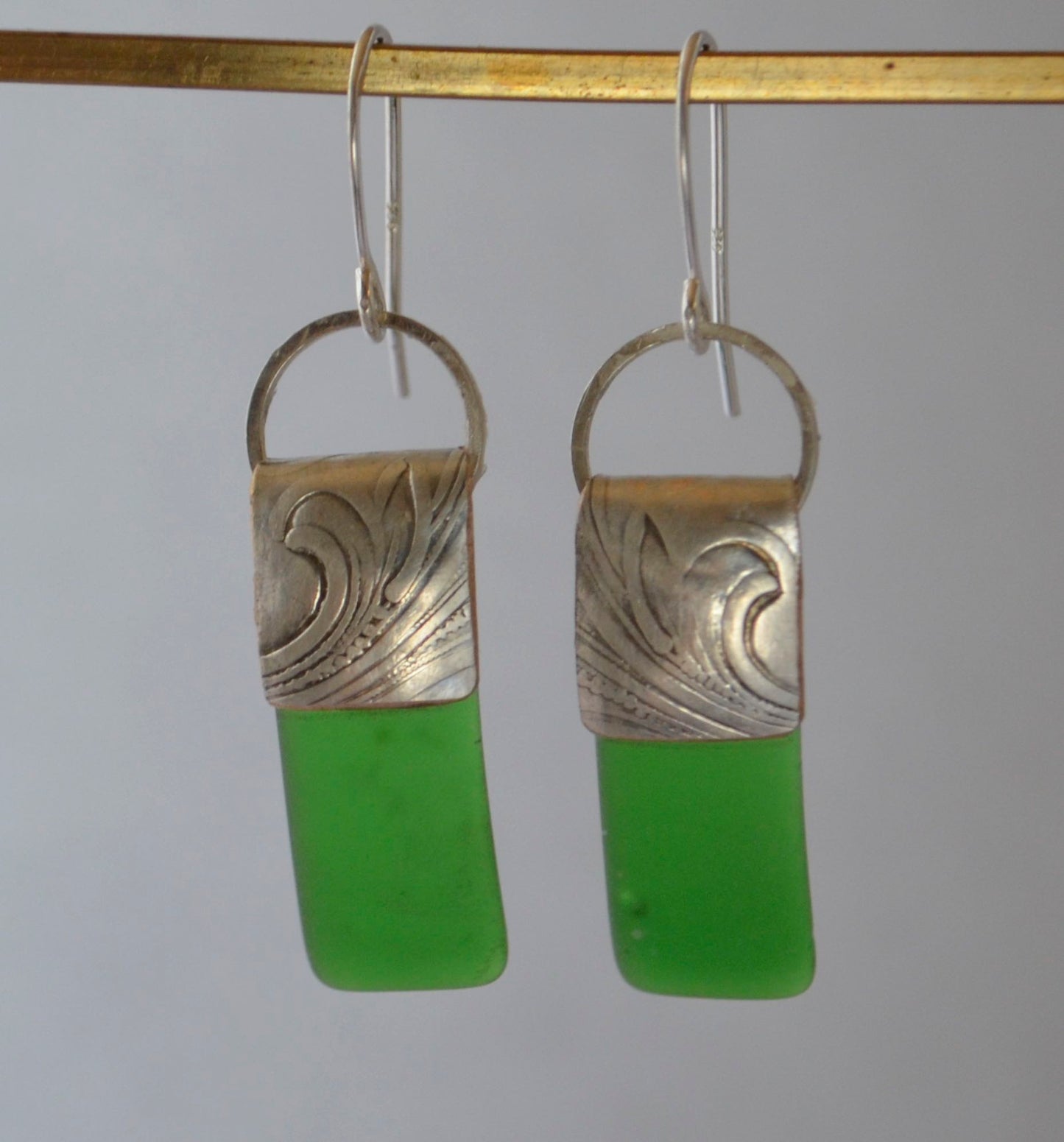 Earrings -Green Sea Glass With Embossed Silver