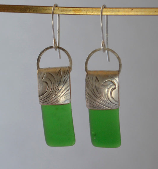 Earrings -Green Sea Glass With Embossed Silver