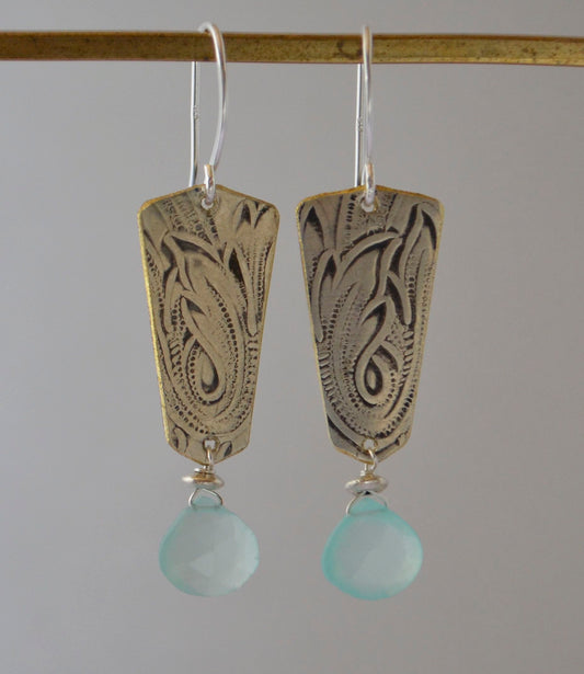 Earrings - Chalcedony With Embossed Silver