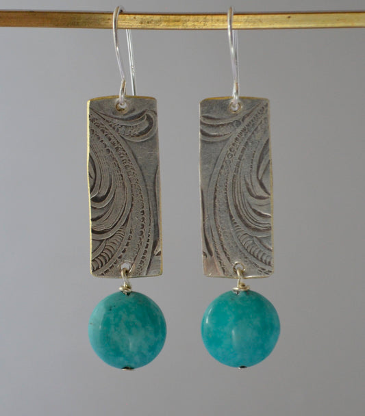 Earrings - Turquoise With Embossed Silver Plate