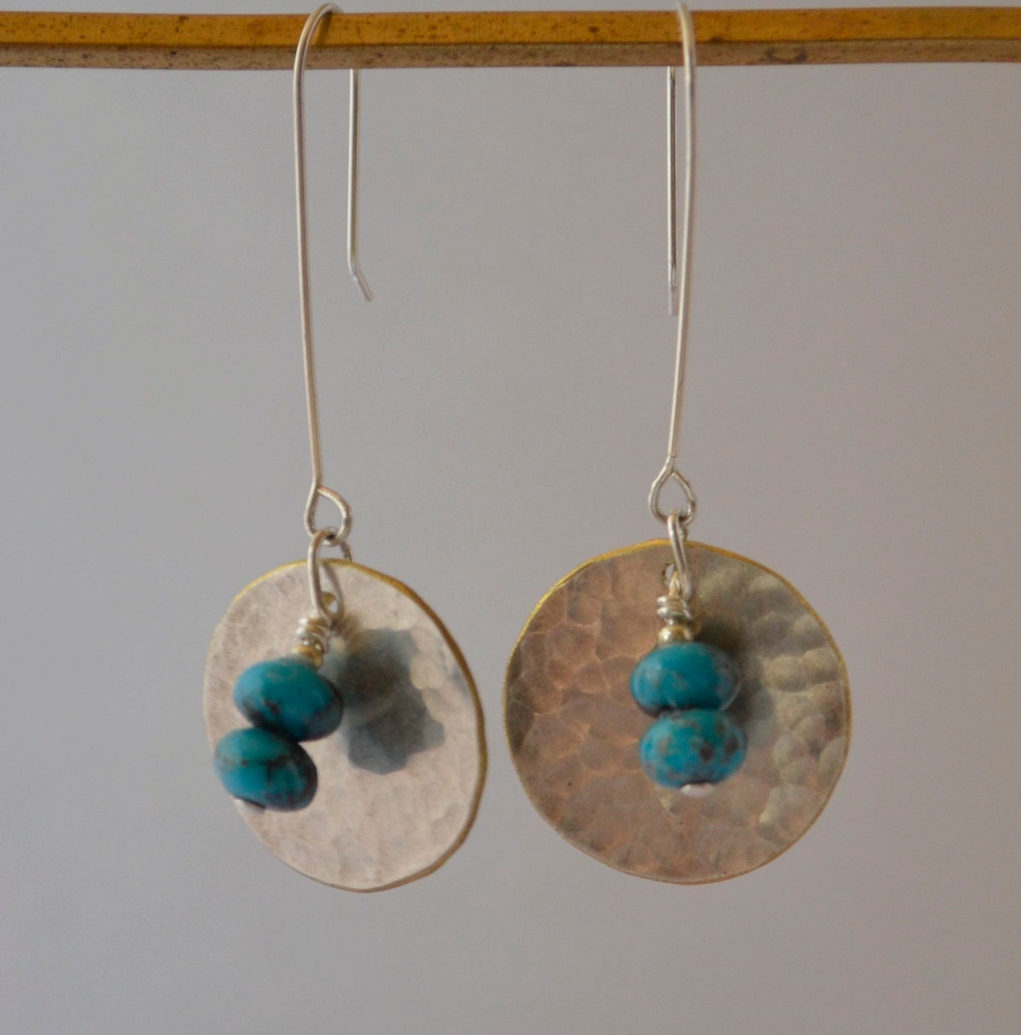 Earrings - Turquoise Beads on Round Hammered Silver Plate