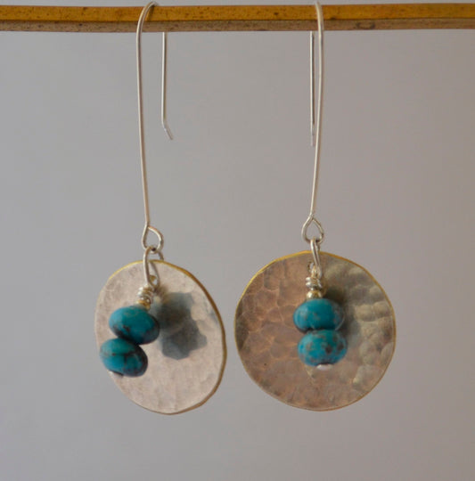 Earrings - Turquoise Beads on Round Hammered Silver Plate
