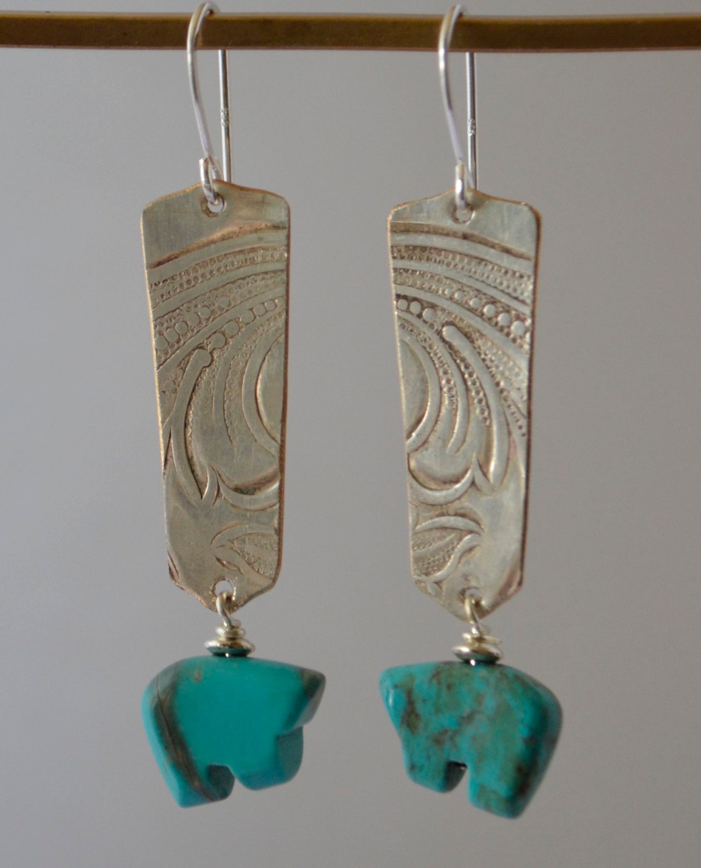 Earrings - Turquoise Bears with Embossed Silver Plate