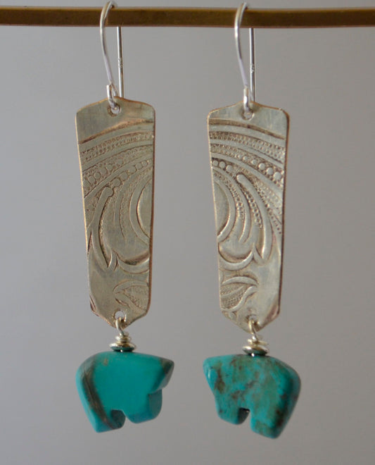 Earrings - Turquoise Bears with Embossed Silver Plate